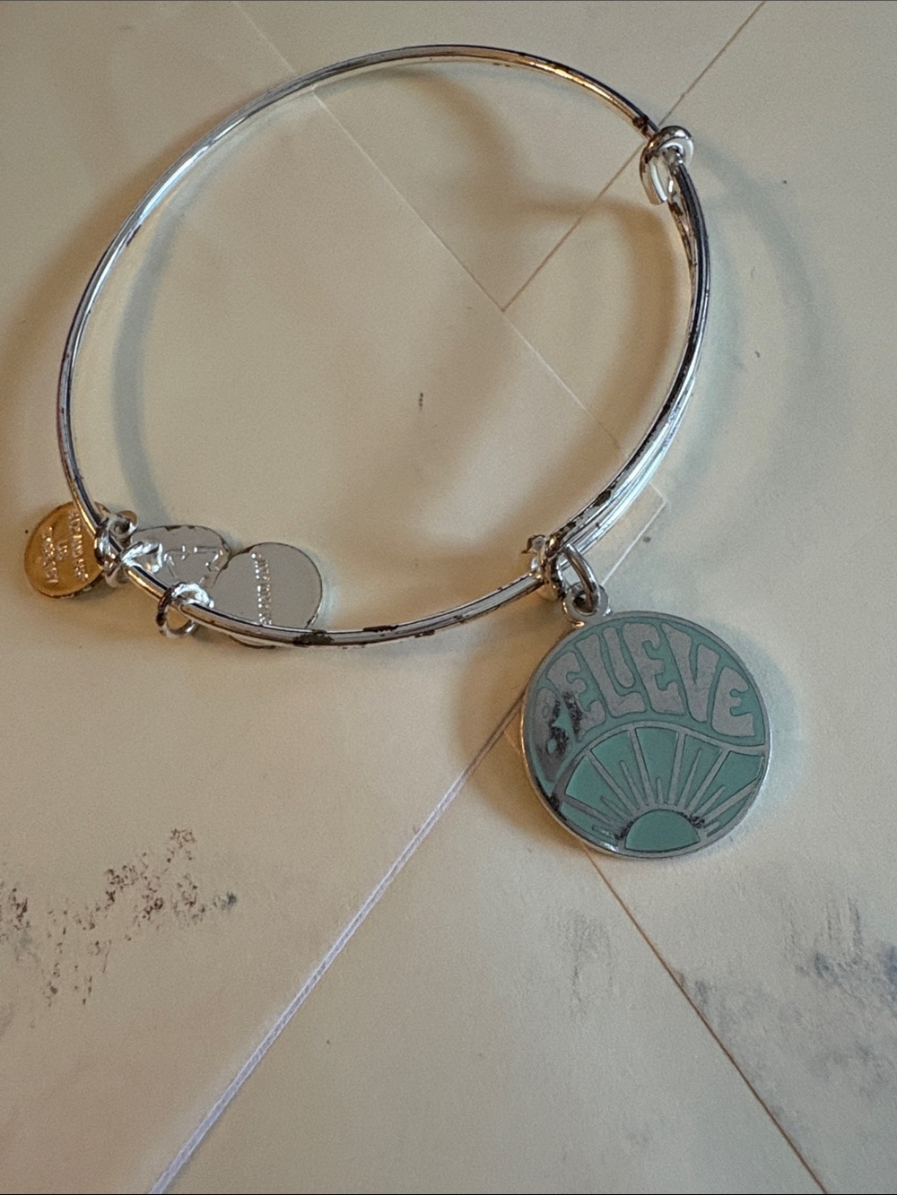 Alex and Ani Silver-Tone Bangle with Mint 'Believe' Enamel Charm